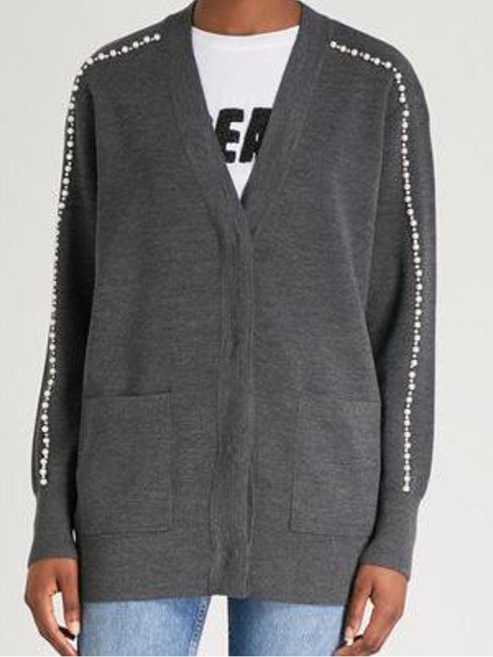 Sandro Charcoal Gray Pearl-Trim Open Cardigan